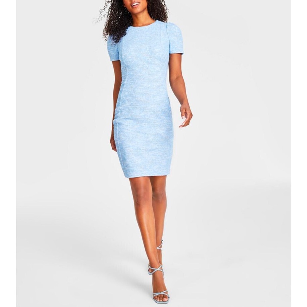 Calvin Klein Elegant Serene Blue Tweed Short Sleeve Sheath Dress